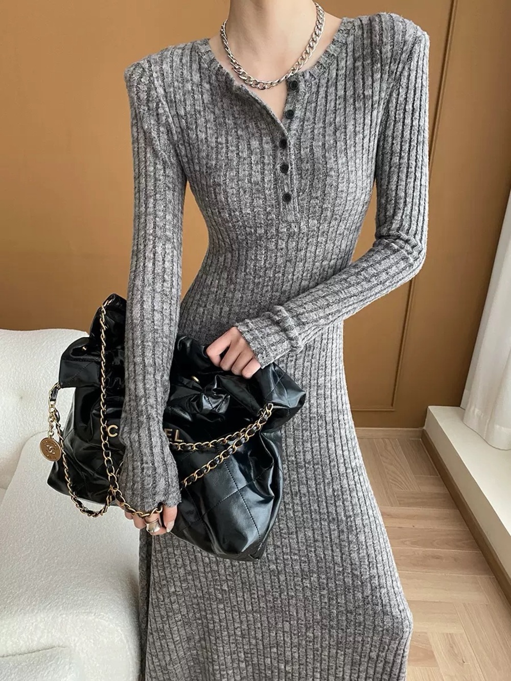 Ribbed Knit Henley Maxi Dress - Gray